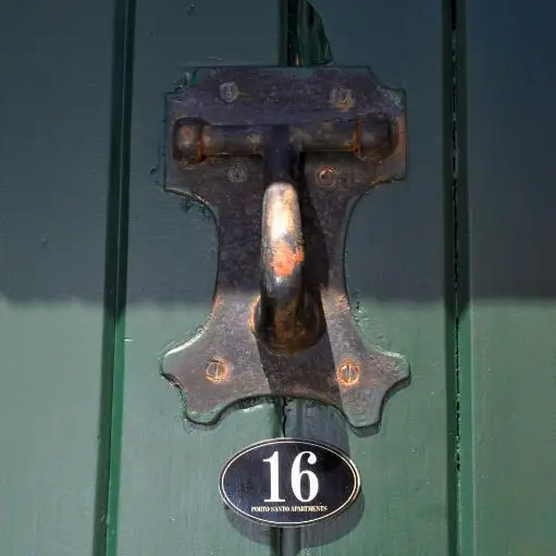 Old knocker on the gate, with the number 16 plate